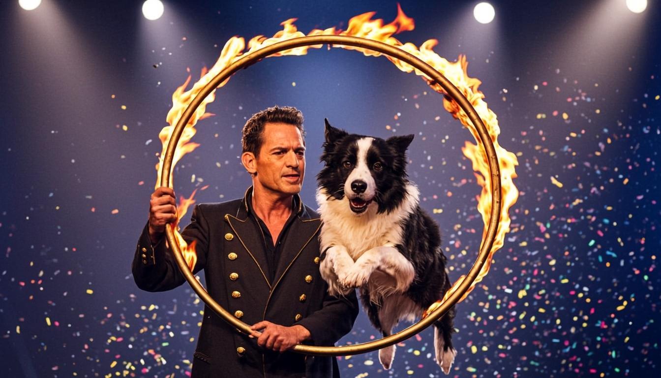 A very good dog in a tiny bow tie balancing on a spotlighted stage, tail mid-wag