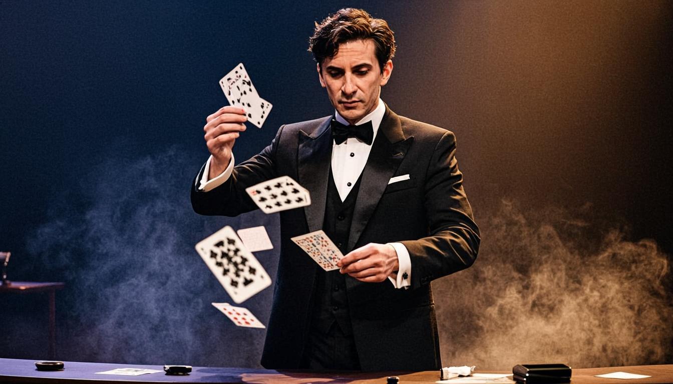 A magician in a dark cloak producing a swirling storm of golden playing cards