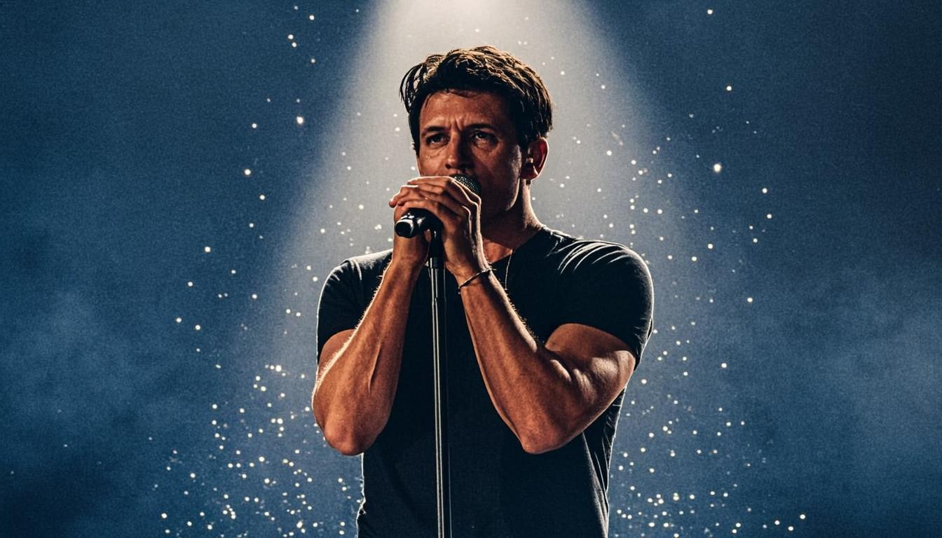 A singer in a warm spotlight on a dark stage, mid-note, under a vintage microphone