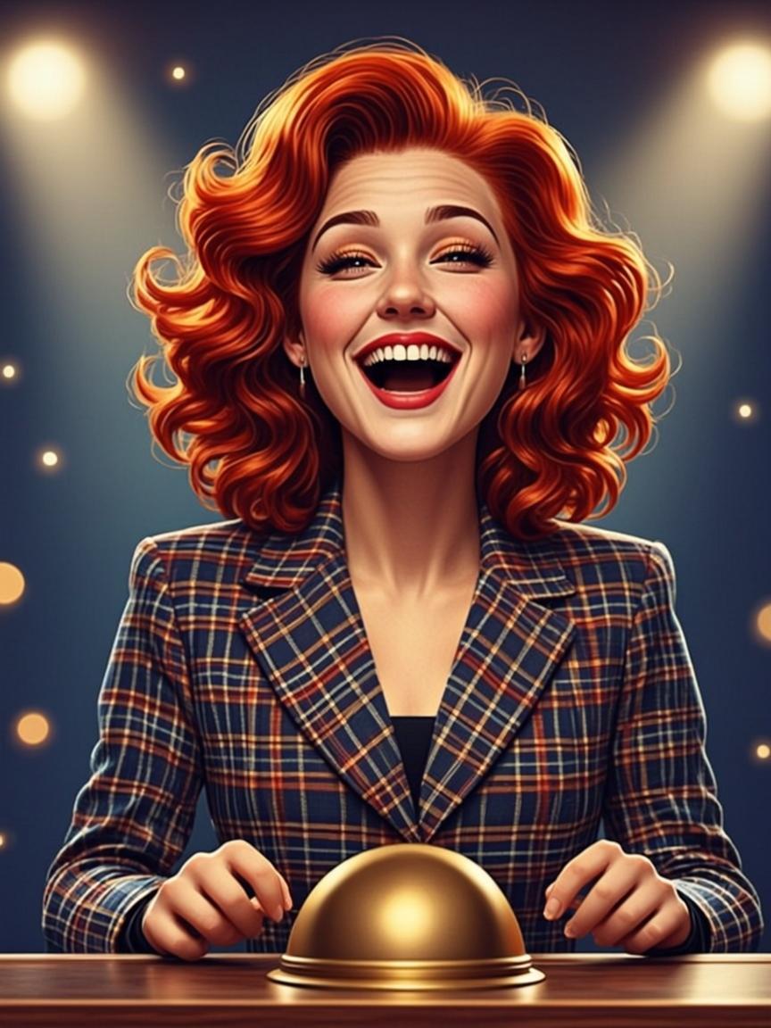 Bubbles LaRue, a quirky comedian judge with wild hair, hovering her hand over a golden buzzer