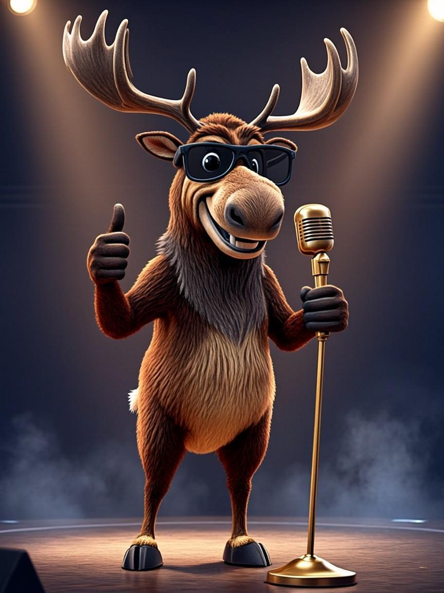 Moosie the Moose, the host of Canada's Got Latent, wearing sunglasses and giving a thumbs up beside a golden microphone